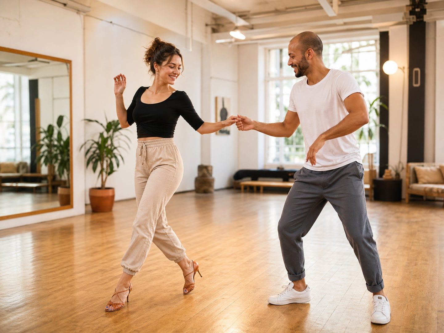 Pareja adulta bailando salsa cubana en un estudio
