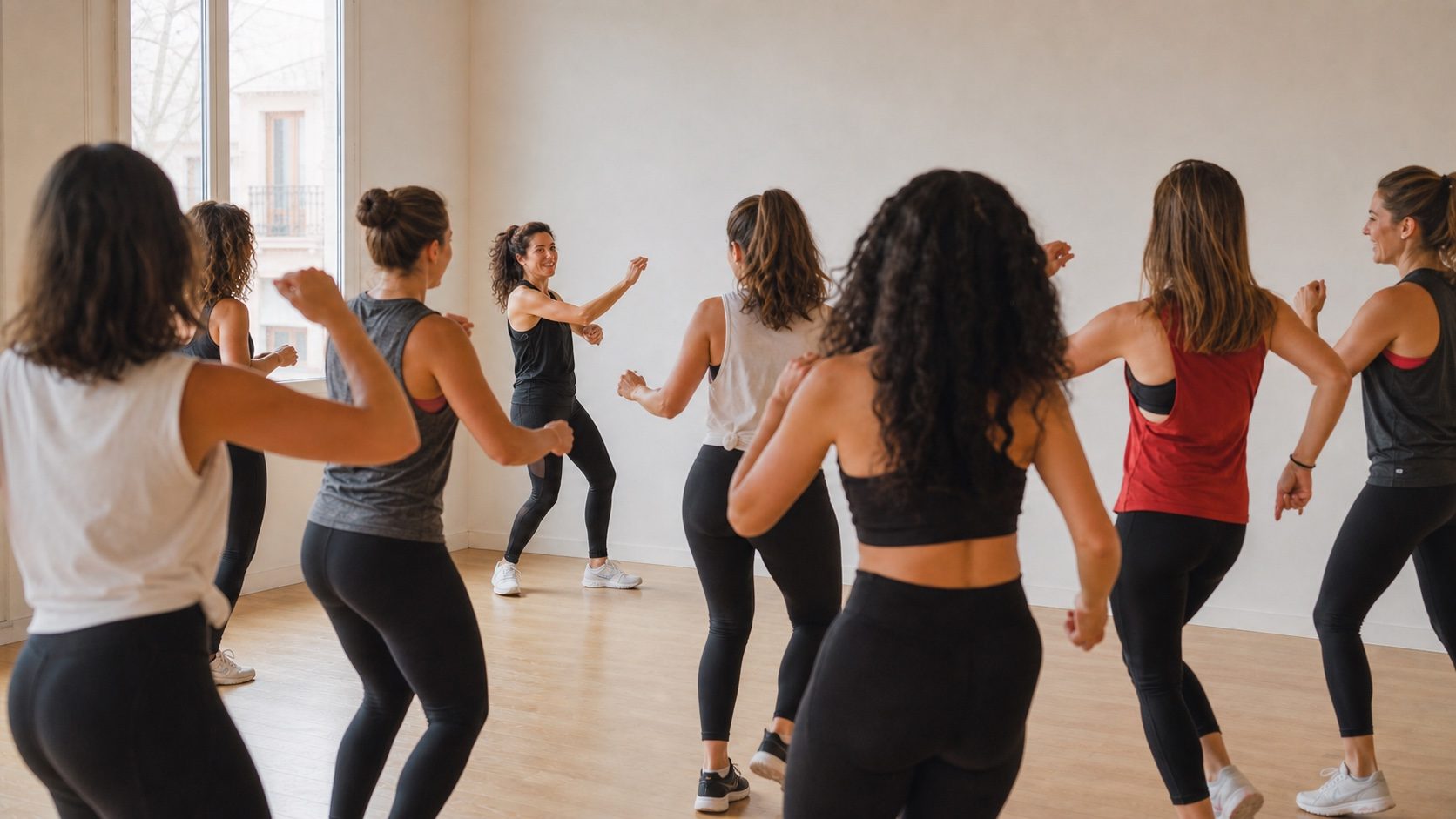 Grupo de amigas adultas siguiendo una clase privada de baile durante una celebración